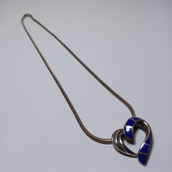 Sterling Silver 925 Lapis Lazuli Inlaid Heart Pendant On 20 In. Snake Link chain - Picture 1 of 8